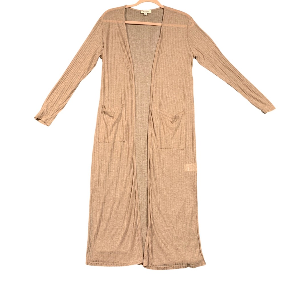 NWOT Umgee Sheer Ribbed Longline Duster Cardigan Tan Open Front Pockets Large